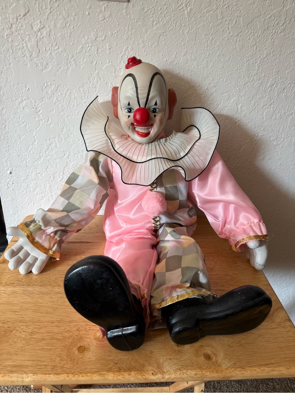Vintage Pink Harlequin Porcelain Clown Doll Costume with Ruffled Collar